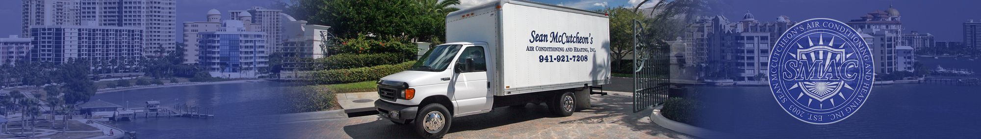 Sean McCutcheon's service truck and Sarasota skyline collage.